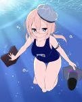  1girl bare_legs barefoot blonde_hair book breasts bubble collarbone glasses hat highres i-8_(kantai_collection) jito_(mesuki_nitouhei) kantai_collection long_hair looking_at_viewer red-framed_glasses school_swimsuit semi-rimless_glasses smile solo swimsuit thigh_gap torpedo under-rim_glasses underwear 