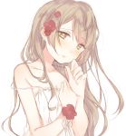  1girl blush brown_hair bust camisole earrings flower hair_flower hair_ornament hand_on_own_chest hand_to_own_mouth highres jewelry long_hair love_live!_school_idol_project minami_kotori nerunnn off_shoulder sketch solo white_background yellow_eyes 