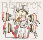  1girl bismarck_(kantai_collection) blue_eyes blush character_name dated detached_sleeves grey_legwear hat kantai_collection long_hair machinery nagian peaked_cap solo standing thigh-highs turret younger 