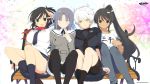  4girls asuka_(senran_kagura) bench black_hair black_serafuku blazer blue_eyes bow breasts brown_hair cherry_blossoms copyright_name dark_skin denim emblem hair_ornament high_ponytail highres homura_(senran_kagura) huge_breasts jeans legs_up long_hair miyabi_(senran_kagura) multiple_girls necktie open_mouth pants pleated_skirt ponytail ribbon school_uniform senran_kagura senran_kagura_(series) senran_kagura_shinovi_versus serafuku serious short_hair short_ponytail sitting sitting_on_object skirt smile t-shirt tan_skin thigh-highs very_long_hair white_hair yaegashi_nan yellow_eyes yumi_(senran_kagura) zettai_ryouiki 