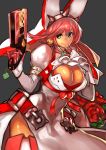  1girl blue_eyes boots breasts cleavage cleavage_cutout clover earrings elphelt_valentine flower four-leaf_clover guilty_gear guilty_gear_xrd gun hand_to_own_mouth handgun hat jewelry large_breasts long_sleeves pink_hair pinky_out puffy_long_sleeves puffy_sleeves rose short_hair side_slit smile solo spikes thigh-highs thigh_boots unizama weapon 