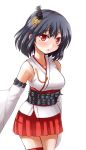  1girl black_hair breasts detached_sleeves hair_ornament highres kantai_collection looking_at_viewer mono_(mono60) nontraditional_miko parted_lips pleated_skirt red_eyes short_hair simple_background skirt sleeves_past_wrists solo white_background yamashiro_(kantai_collection) 
