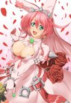  1girl ahoge blue_eyes breasts bustier cleavage cleavage_cutout clover cocoa_(cocoa0191) dress elphelt_valentine four-leaf_clover guilty_gear guilty_gear_xrd gun handgun hat huge_ahoge large_breasts petals pink_dress pink_hair short_hair smile solo veil weapon 