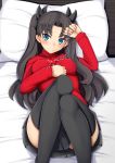  1girl alfort_(may0508) black_legwear black_ribbon blue_eyes blush fate/stay_night fate_(series) hair_ribbon highres looking_at_viewer lying pillow ribbon skirt smile solo thigh-highs tohsaka_rin toosaka_rin twintails 