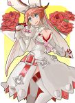  1girl blue_eyes breasts cleavage cleavage_cutout dress earrings elphelt_valentine flower fringe gloves guilty_gear guilty_gear_xrd hairband hat highres hota_(oznomahoutukai) jewelry large_breasts pink_hair puffy_sleeves rose short_hair side_slit solo spikes thigh-highs veil white_legwear 