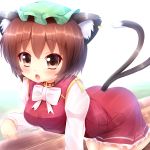  1girl all_fours animal_ears blush bow breasts brown_eyes brown_hair cat_ears cat_tail chen dress ear_piercing fang highres jewelry kane-neko long_sleeves mob_cap multiple_tails open_mouth piercing red_dress shirt single_earring solo tail touhou 