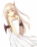  1girl bat_wings beta_x camisole dress hair_ribbon head_tilt highres horn long_hair looking_at_viewer original ribbon silver_hair simple_background small_breasts smile solo violet_eyes white_background white_dress wings 
