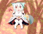  1girl absurdres animal_ears autumn autumn_leaves bare_shoulders blush breasts detached_sleeves geta highres inubashiri_momiji leaf leaf_background looking_at_viewer looking_up open_mouth pom_pom_(clothes) red_eyes shadow short_hair silver_hair sitting solo tail touhou tree wolf_ears wolf_tail 