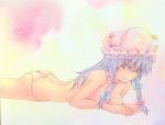  1girl :3 breast_press breasts crescent_hair_ornament eyelashes hair_ornament hair_ribbon highres long_hair looking_at_viewer lying mob_cap on_stomach panties patchouli_knowledge pink_background pink_panties purple_hair ribbon solo topless touhou traditional_media tress_ribbon underwear violet_eyes watercolor_(medium) yuyu_(00365676) 