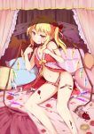  1girl babydoll blonde_hair blush cranberry flandre_scarlet highres igakusei lying on_bed on_side open_mouth pillow red_eyes short_hair side_ponytail smile solo touhou underwear underwear_only wings 