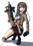  1girl assault_rifle black_hair blue_eyes bullpup desert_tech_mdr dreadtie gloves gun headset highres knee_pads kneehighs kneeling long_hair looking_to_the_side magazine_(weapon) open_mouth original school_uniform scope skirt solo thigh_strap trigger_discipline weapon 