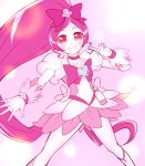  1girl arakawa_tarou blush boots cure_blossom dress hair_ornament hair_ribbon hanasaki_tsubomi happy heartcatch_precure! highres long_hair looking_at_viewer magical_girl pink_dress pink_eyes pink_hair ponytail precure puffy_sleeves ribbon smile solo wrist_cuffs 