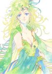  1girl agahari blue_eyes breasts cape cleavage detached_sleeves final_fantasy final_fantasy_iv green_hair hair_ornament highres jewelry long_hair older rydia solo traditional_media 