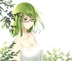  1girl breasts cleavage genderswap glasses green_eyes green_hair kuroko_no_basuke midorima_shintarou monika_(molkang) semi-rimless_glasses short_hair solo under-rim_glasses 