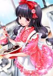  apron baking black_eyes black_hair blush girlfriend_(kari) long_hair morizono_mei ribbon twintails yukata 