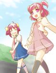  2girls arakawa_tarou closed_eyes color_connection eyelashes hair_ornament hair_ribbon half_updo happy highres hoshizora_miyuki long_hair looking_at_another multiple_girls necktie pink_eyes pink_hair precure ribbon school_uniform shirt skirt smile smile_precure! socks trait_connection twintails walking yes!_precure_5 yumehara_nozomi 