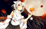  1girl animal_ears autumn_leaves bare_shoulders blush detached_sleeves full_moon hat highres inubashiri_momiji leaf long_sleeves looking_at_viewer moon night pom_pom_(clothes) red_eyes sarashi short_hair silver_hair solo tokin_hat touhou wolf_ears 