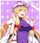  1girl absurdres armband blonde_hair bow breasts bust dress fingernails hair_bow hands_up hat hat_ribbon highres kyoukyan large_breasts long_hair long_sleeves mob_cap one_eye_closed open_mouth patterned_background pointing pointing_up puffy_long_sleeves puffy_sleeves purple_background ribbon smile tabard teeth tongue touhou violet_eyes white_dress wide_sleeves yakumo_yukari 