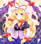  1girl blonde_hair bow breasts checkered checkered_background choker corset detached_sleeves dress gap hair_bow hand_on_hip hand_on_own_face hat hat_ribbon long_hair mob_cap orange_background purple_background purple_dress ribbon ribbon_choker senkaze short_sleeves solo touhou two-tone_background unmoving_pattern violet_eyes wide_sleeves yakumo_yukari 