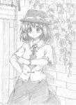  1girl bow checking_watch graphite_(medium) hair_bow hand_on_hip hat monochrome myo-gateien necktie ribbon short_hair sketch skirt solo touhou traditional_media usami_renko 