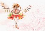  1girl apple blonde_hair book flandre_scarlet food fruit hat mary_janes red_eyes sash shiratsuyu shoes side_ponytail solo suspenders touhou traditional_media watercolor_(medium) wings 