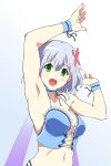  1girl amagi_brilliant_park armpits arms_up blue_hair blush breasts flower gradient gradient_background green_eyes hair_flower hair_ornament muse_(amaburi) navel official_style open_mouth short_hair simple_background smile solo wrist_cuffs yoshiki360 