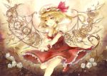  1girl alternate_wings ascot blonde_hair bow color_ink_(medium) dress flandre_scarlet flower hat hat_bow keiko_(mitakarawa) laevatein mob_cap paint_(medium) puffy_short_sleeves puffy_sleeves red_dress red_eyes rose shirt short_sleeves side_ponytail solo touhou white_rose wings wrist_cuffs 