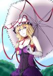  1girl absurdres bare_shoulders blonde_hair blue_sky bow breasts choker cleavage clouds collarbone commentary_request corset dress ears elbow_gloves frills gloves hair_bow hair_up hat hat_ribbon head_tilt highres holding_umbrella kyoukyan large_breasts long_hair looking_to_the_side mob_cap parted_lips purple_dress ribbon ribbon_choker ribbon_trim sky smile solo teeth touhou tree umbrella violet_eyes yakumo_yukari 