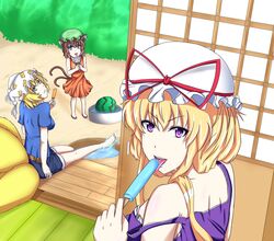  3girls afloat animal_ears bare_legs barefoot belt blonde_hair breasts brown_eyes brown_hair bucket bucket_of_water bush cat_ears chen dress earrings food fox_tail fruit green_hat hair_ribbon hair_up hat hat_ribbon highres holding_food ice_cream jewelry kyoukyan licking looking_back mob_cap multiple_girls multiple_tails off_shoulder popsicle porch ribbon sandals shadow short_hair shorts shoulder_blades sitting smile splashing standing summer sundress sweat t-shirt tail tank_top tongue tongue_out touhou two_tails violet_eyes watermelon yakumo_ran yakumo_yukari yellow_eyes 