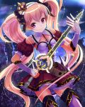  1girl blonde_hair character_request copyright_request crown eyelashes fingerless_gloves gloves hair_ornament hair_ribbon happy long_hair looking_at_viewer ribbon skirt smile solo standing sword tagme teketeke thigh-highs thighs twintails very_long_hair violet_eyes weapon zettai_ryouiki 