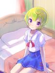  aikatsu! bed green_hair hattori_yuu pillow purple_eyes seifuku short_hair smile 