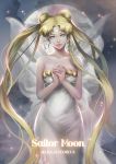  1girl 2013 artist_name bishoujo_senshi_sailor_moon blonde_hair blue_eyes copyright_name crescent dated double_bun dress earrings facial_mark forehead_mark hands_clasped jewelry long_hair princess_serenity solo strapless_dress tsukino_usagi twintails white_dress yamkom 