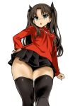  1girl asanagi black_hair black_legwear breasts contrapposto fate/stay_night fate_(series) from_below green_eyes hair_ribbon hand_on_hip long_hair parted_lips ribbon skirt solo standing sweater thigh-highs tohsaka_rin toosaka_rin two_side_up 