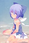  1girl bare_arms bare_legs bare_shoulders barefoot beach blue_dress blue_eyes blue_hair bow cirno dress fuukadia_(narcolepsy) hair_bow ice ice_wings in_water looking_at_viewer sitting sleeveless sleeveless_dress solo touhou wariza wings 