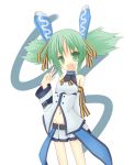  adapted_costume artist_request c.s. cosmic_break detached_sleeves fang green_eyes green_hair hair_ornament hair_ribbon hairclip midriff navel ribbon skirt smile twintails v 