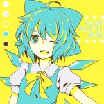  (9) blue_eyes blue_hair bow cirno color_guide english hair_bow ice ice_wings neck one_eye_closed open_mouth ribbon senkaze short_hair short_sleeves touhou wings yellow_background 