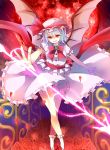  1girl bat_wings blue_hair bow brooch hat hat_bow highres jewelry mimoto_(aszxdfcv) moon polearm red_eyes red_moon remilia_scarlet solo spear touhou weapon wings 