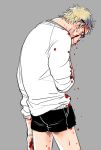 1boy blonde_hair blood blood_on_face bloody_clothes grey_background haikyuu!! hand_on_own_face looking_at_viewer male nosebleed short_hair shorts simple_background sketch solo standing tsukishima_kei zkakq 