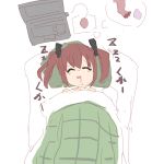  1girl brown_hair character_request computer dreaming drooling futon highres infraton laptop long_hair sketch sleeping solo thought_bubble twintails zzz 