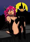  1girl caffein drill_hair elbow_gloves gloves halloween horns jack-o&#039;-lantern kasane_teto pink_hair pointy_ears red_eyes solo thigh-highs torn_clothes torn_gloves torn_thighhighs twin_drills utau wings 