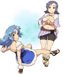  2girls bike_shorts blue_hair breasts bustier capelet cleavage dress final_fantasy final_fantasy_crystal_chronicles fingerless_gloves gloves green_eyes hand_on_hip large_breasts long_hair midriff multiple_girls purple_hair sandals selkie shorts_under_skirt smile toes tsukudani_(coke-buta) wristband 