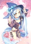  absurdres bandeau blue_hair boots braid brown_eyes btoor character_request flower hat highres jacket kneeling long_hair pantyhose rose scarf short_shorts shorts smile torn_clothes torn_pantyhose witch_hat 