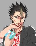  1boy black_hair blonde_hair blood blood_on_face bloody_clothes brown_eyes crying crying_with_eyes_open gakuran grey_background haikyuu!! hand_on_another&#039;s_face handkerchief looking_at_another male multicolored_hair nishinoya_yuu nosebleed school_uniform short_hair simple_background sketch smile solo_focus spiky_hair tears zkakq 