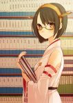  1girl book carrying detached_sleeves glasses headgear hiei_(kantai_collection) hoshimachi indoors kantai_collection looking_at_viewer looking_to_the_side nontraditional_miko ribbon-trimmed_sleeves ribbon_trim sarashi semi-rimless_glasses short_hair solo under-rim_glasses 
