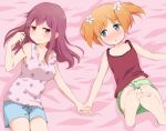  2girls barefoot bed_sheet blonde_hair blush breasts flower foreshortening gobou_1000 green_eyes hair_flower hair_ornament holding_hands lace lying multiple_girls on_back open_mouth playing_with_own_hair purple_hair sakura_trick shorts sleeveless smile sonoda_yuu takayama_haruka toes twintails violet_eyes 
