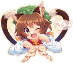  1girl ;d animal_ears blush brown_hair cat_ears cat_tail chen fang hat heart heart-shaped_pupils jewelry looking_at_viewer multiple_tails one_eye_closed open_mouth paw_pose red_eyes short_hair simple_background single_earring smile solo symbol-shaped_pupils tail touhou translation_request usamata 