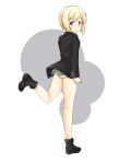  1girl a9b_(louis814) ankle_boots ass black_boots blush bob_cut boots bottomless erica_hartmann from_behind full_body green_panties grin highres jacket leg_up long_sleeves looking_at_viewer looking_back military military_uniform panties short_hair simple_background smile solo strike_witches underwear uniform white_background 