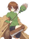  1girl aussa brown_eyes brown_hair duel_monster glasses holding ite_fuji looking_at_viewer short_hair shorts smile solo staff yuu-gi-ou 