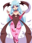  1girl artist_request bare_shoulders bat_print blue_eyes blue_hair blush breasts cleavage cosplay crossover eyelashes happinesscharge_precure! happy head_wings hosshiwa long_hair looking_at_viewer morrigan_aensland morrigan_aensland_(cosplay) open_mouth pantyhose precure small_breasts smile solo source_request vampire_(game) wings 