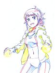  1girl :d bike_shorts gundam gundam_build_fighters gundam_build_fighters_try hoshino_fumina jacket kasuga_hiyoko midriff navel open_mouth ponytail simple_background smile solo sports_bra traditional_media white_background 